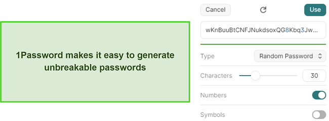 Screenshot showing 1Password's password generator
