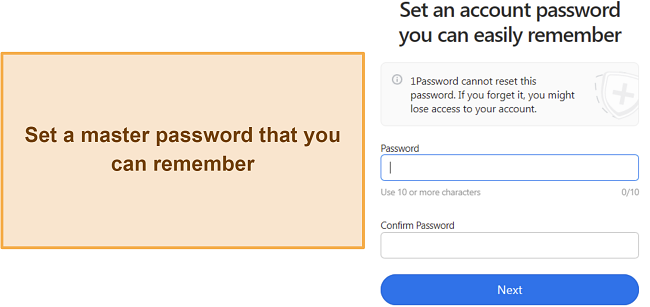 Screenshot showing how to set a master password in 1Password