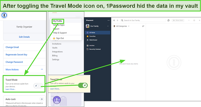 Screenshot of 1Password's Travel Mode feature