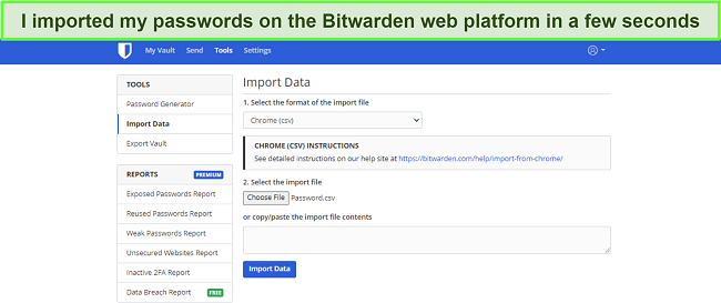 Screenshot showing how to import passwords using Bitwarden's web platform