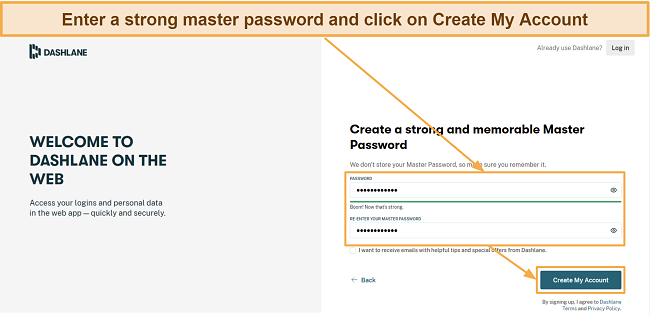 Screenshot showing how to set a master password for your Dashlane account