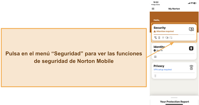 Captura de pantalla mostrando cómo acceder a las funciones de seguridad de Norton en iOS