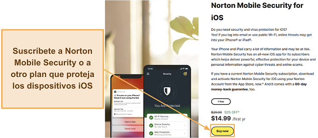 Captura de pantalla mostrando cómo suscribirse a Norton Mobile Security