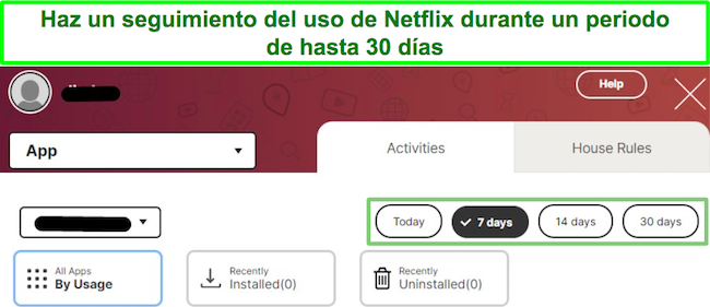 Captura de pantalla del uso del seguimiento del control parental de Netflix