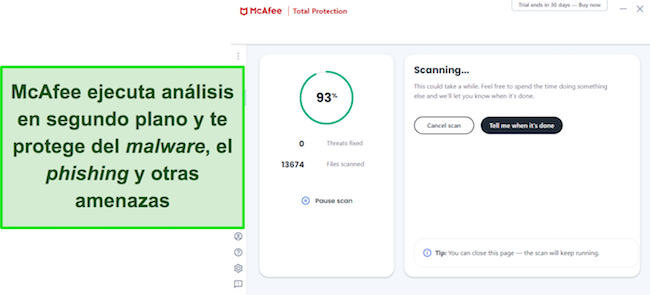 Captura de pantalla del escáner de malware de McAfee
