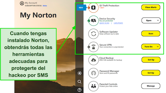 Captura de pantalla de la interfaz del antivirus Norton