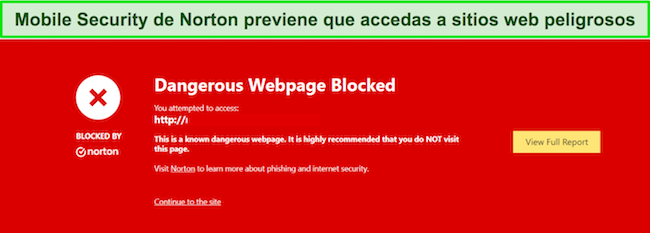 Captura de pantalla de Norton bloqueando un sitio web malicioso