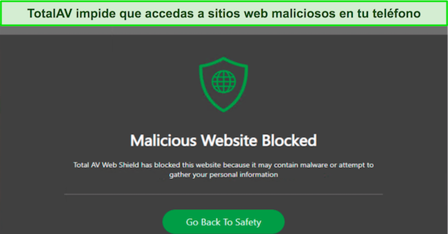 Captura de pantalla del WebShield de TotalAV que bloquea un sitio web malicioso