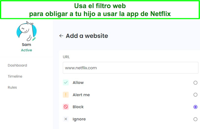 Captura de pantalla del filtro web de control parental de Netflix