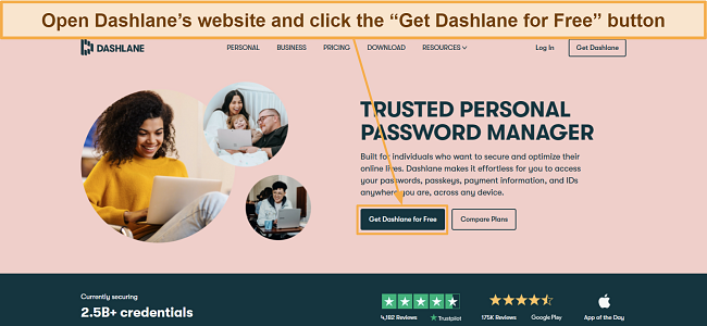 Screenshot showing how to start using Dashlane's free plan