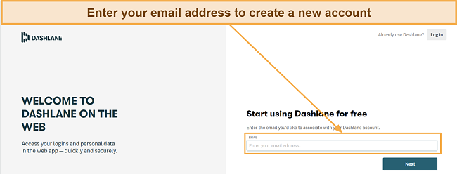 Screenshot showing Dashlane's account creation menu