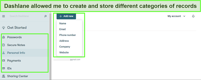 Screenshot showing how to store different kinds of data in Dashlane's vault