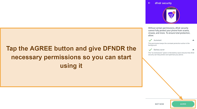 Screenshot showing how you can give DFNDR Security the permissions it needs