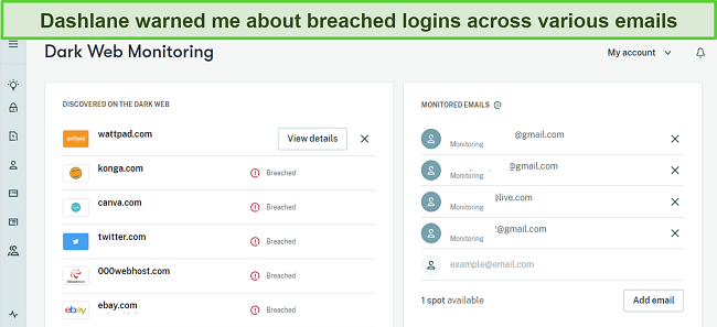 Screenshot of Dashlane's Dark Web Monitoring dashboard