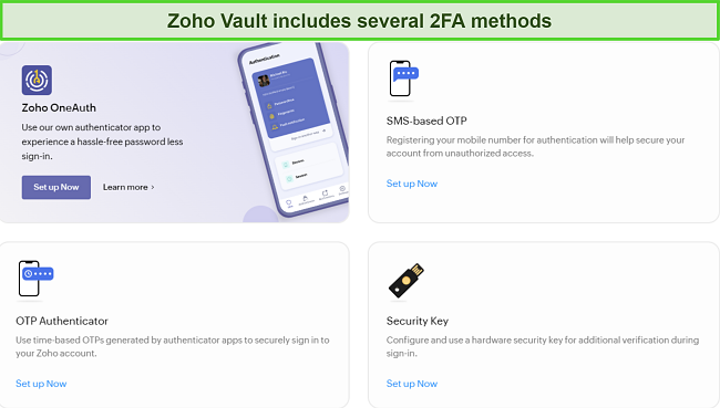 Screenshot of Zoho Vault's available 2FA options