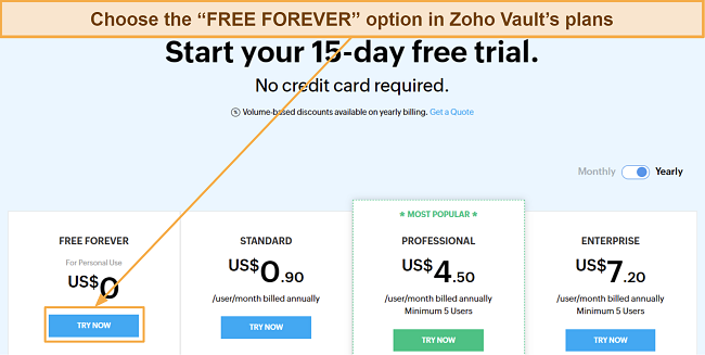 Screenshot showing how to choose one of Zoho Vault's plans