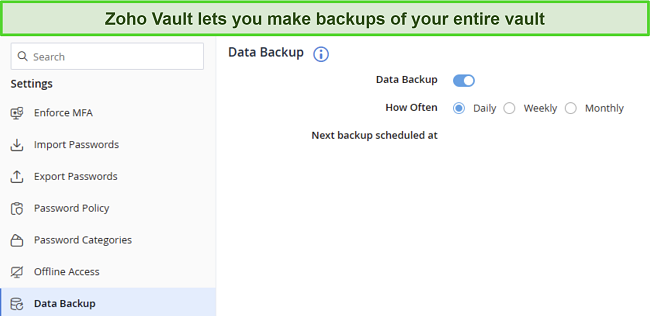 Screenshot of Zoho Vault's backup settings