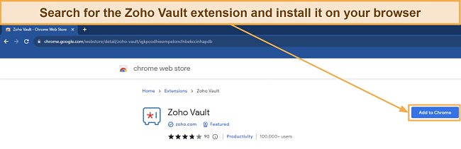 Screenshot showing how to get Zoho Vault's browser extension