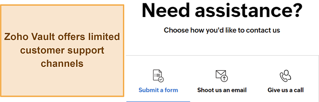 Screenshot of Zoho Vault's limited customer support page, illustrating a review and user feedback on the support experience