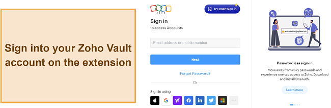 Screenshot showing the login page for Zoho Vault's browser extension