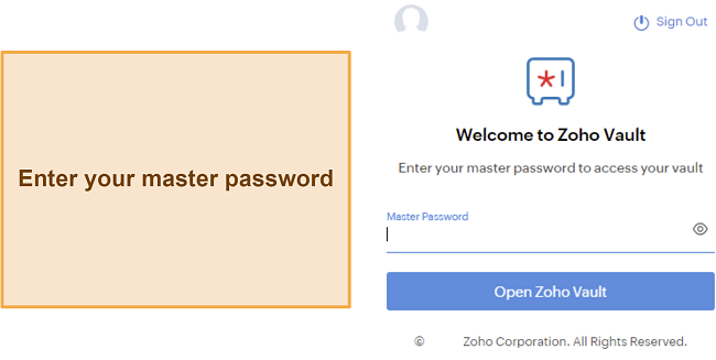 Screenshot showing the vault login for Zoho Vault