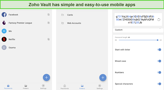 Screenshot of Zoho Vault's mobile app interface