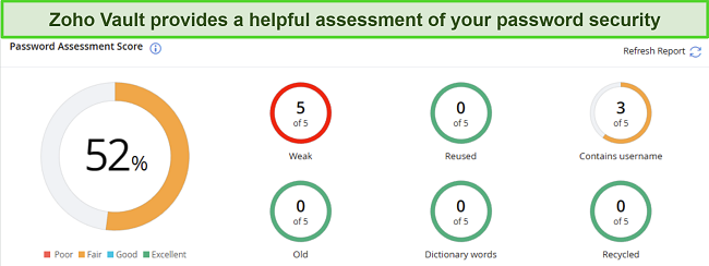 Screenshot of Zoho Vault's password assessment report