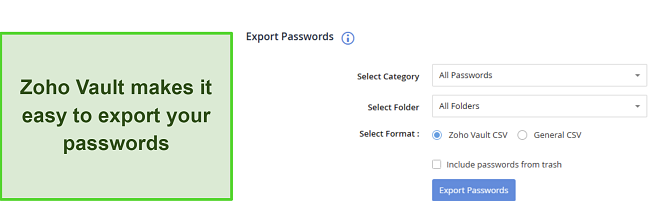 Screenshot of Zoho Vault's password export feature