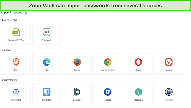 Screenshot of Zoho Vault's password import feature