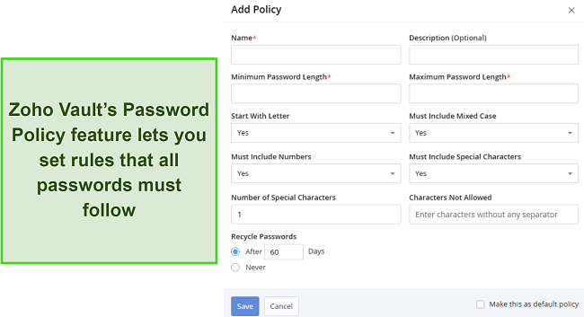 Screenshot of Zoho Vault's Password Policy feature settings