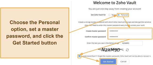 Screenshot showing how to create a Zoho vault account for personal use
