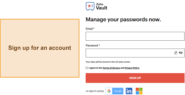 Screenshot showing the sign up page for a Zoho Vault account