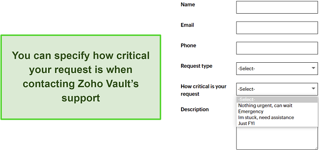 Screenshot of Zoho Vault asking how important a support request is