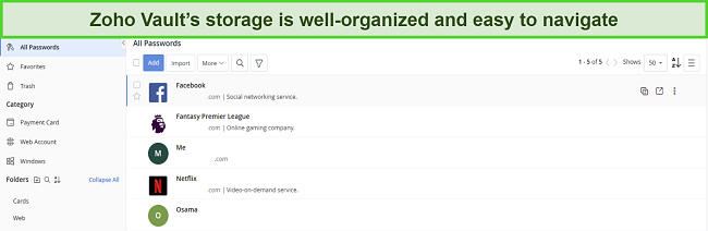 Screenshot of Zoho Vault's password storage