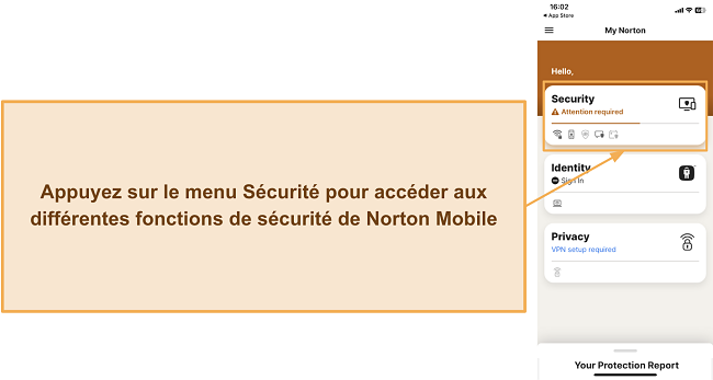 Capture d'écran montrant comment accéder aux fonctionnalités de sécurité de Norton sur iOS