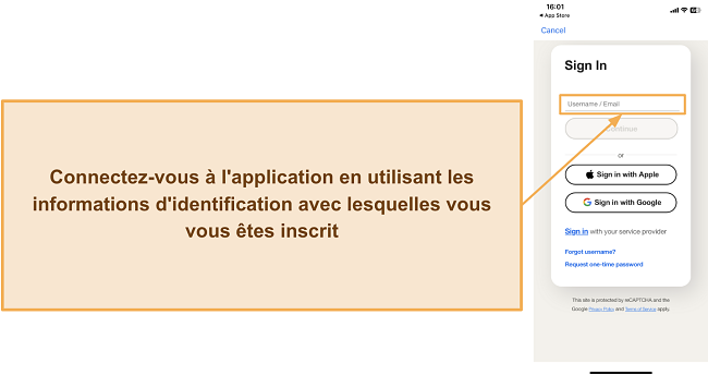 Capture d'écran montrant comment se connecter à l'application mobile Norton