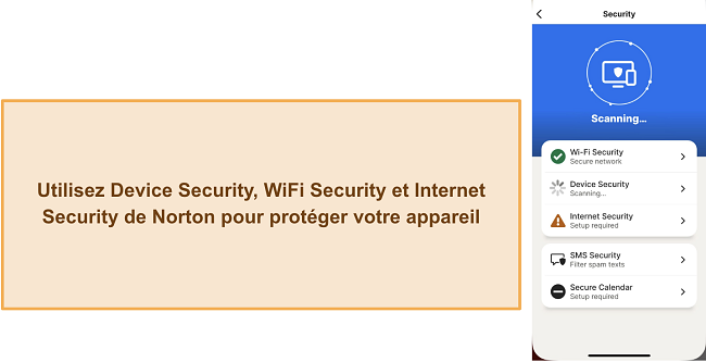 Capture d'écran des différentes fonctionnalités de sécurité de Norton
