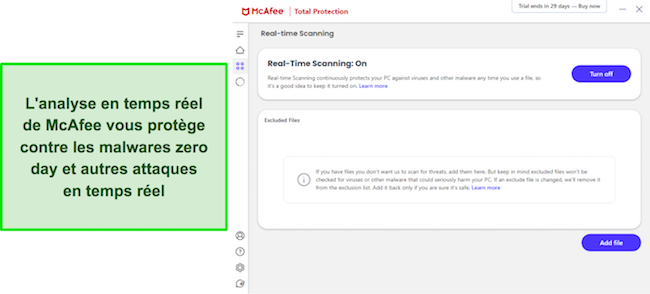 Application McAfee affichant une analyse de protection en temps réel sur