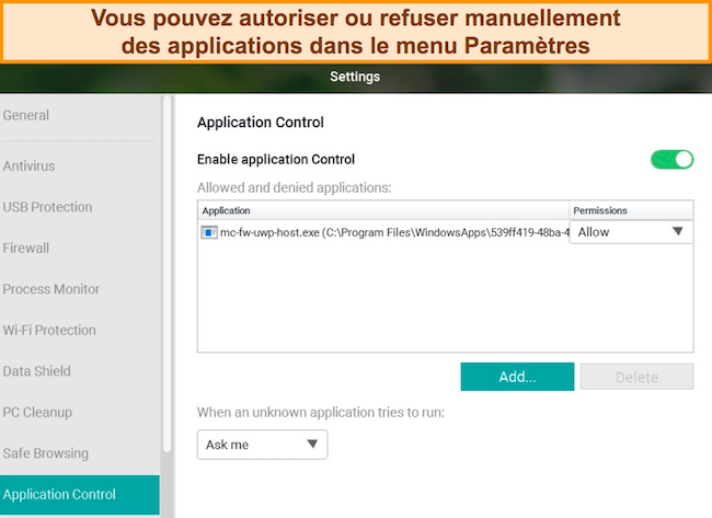 Capture d'écran du menu de configuration du contrôle des applications de Panda