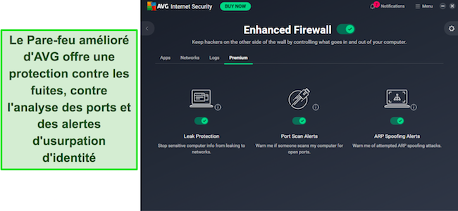 Application AVG affichant une protection pare-feu améliorée