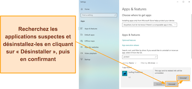 Capture d'écran montrant comment désinstaller les applications suspectes à l'aide du menu Applications et fonctionnalités