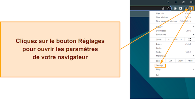 Capture d'écran montrant comment ouvrir les paramètres du navigateur Google Chrome