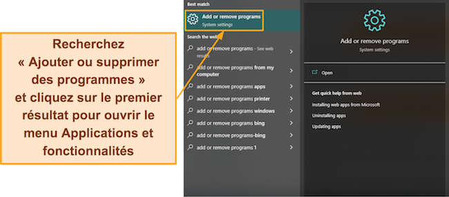 Capture d'écran montrant comment accéder au menu Applications et fonctionnalités de Windows