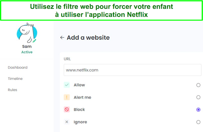 Capture d'écran du filtre Web du contrôle parental Netflix