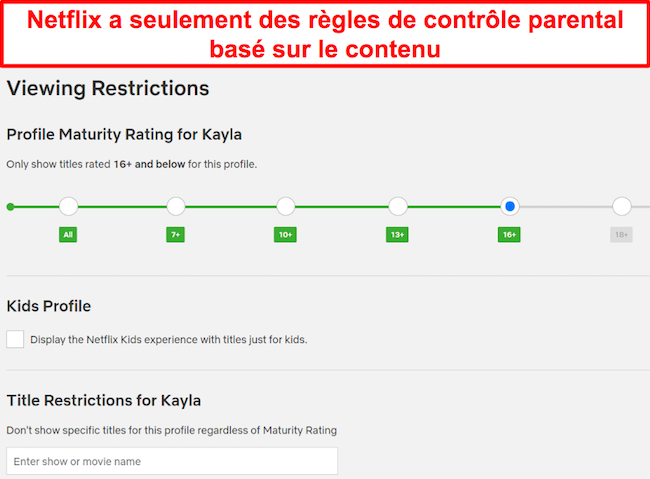 Capture d'écran des restrictions d'affichage de Netflix