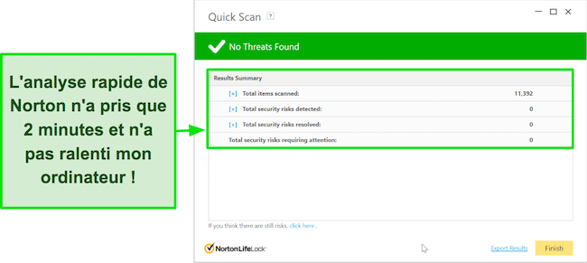 Capture d'écran de l'écran des résultats de l'analyse rapide de Norton