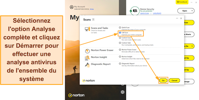 Capture d'écran montrant comment démarrer l'analyse complète de Norton