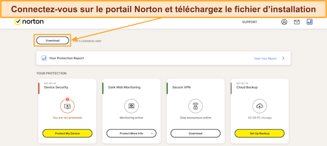 Capture d'écran montrant comment télécharger la configuration de Norton après l'abonnement