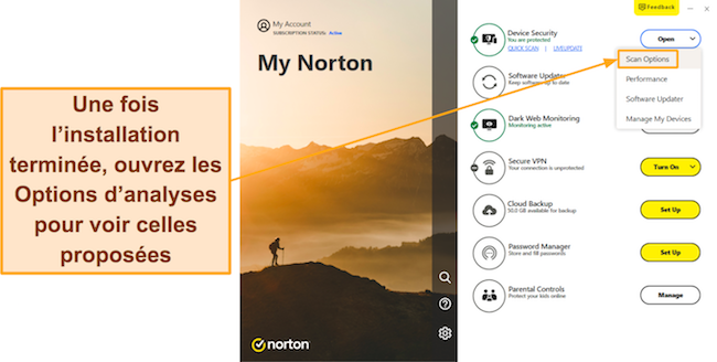 Capture d'écran montrant comment accéder au menu Options d'analyse de Norton
