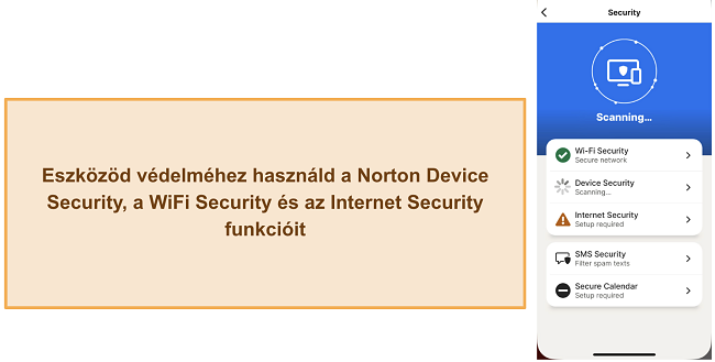 Képernyőkép a Norton különböző biztonsági funkcióiról